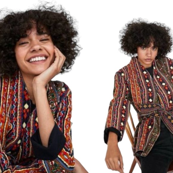 Zara Colourful Embroidered Jacket with Belt Size Small / Medium Boho - Picture 9 of 12